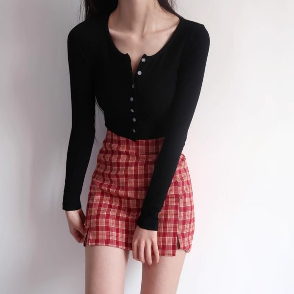 Vintage Blue Long Sleeve Cardigan with Round Neck and Button Detail, High Waist Cropped Slim Fit T-Shirt for Women