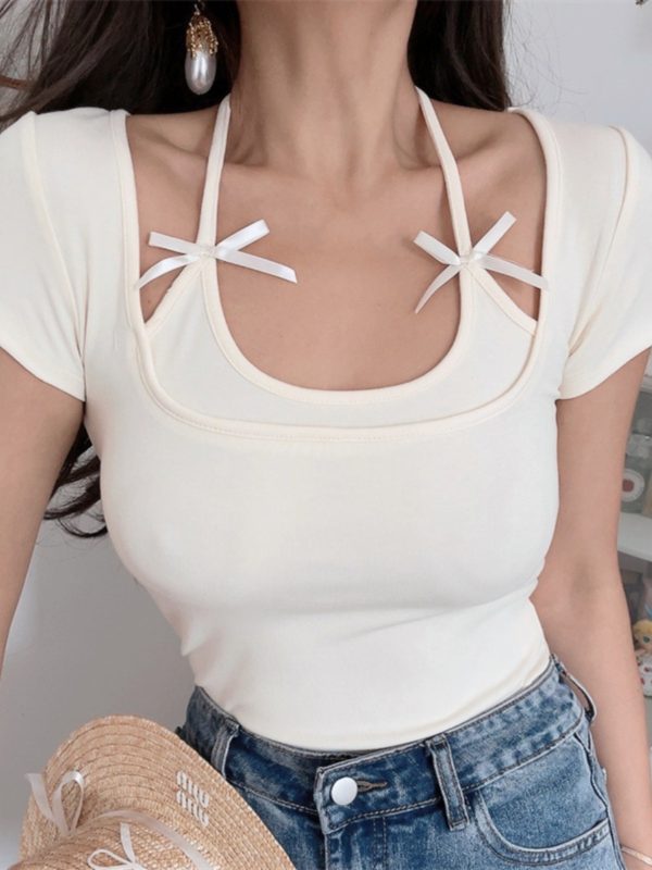 Vintage Bow Tie Elastic Slim Fit Short Sleeve T-Shirt for Women - DIY Spring Summer Vacation Style, Hot Girl Aesthetic