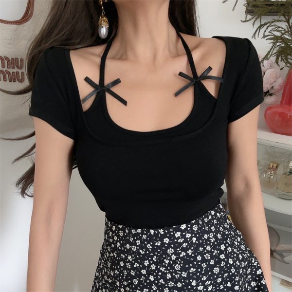 Vintage Bow Tie Elastic Slim Fit Short Sleeve T-Shirt for Women - DIY Spring Summer Vacation Style, Hot Girl Aesthetic