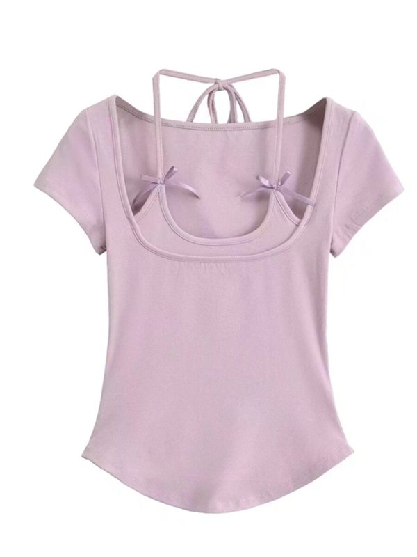 Vintage Bow Tie Elastic Slim Fit Short Sleeve T-Shirt for Women - DIY Spring Summer Vacation Style, Hot Girl Aesthetic