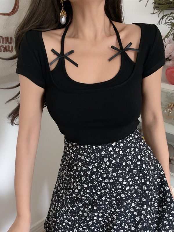 Vintage Bow Tie Elastic Slim Fit Short Sleeve T-Shirt for Women - DIY Spring Summer Vacation Style, Hot Girl Aesthetic