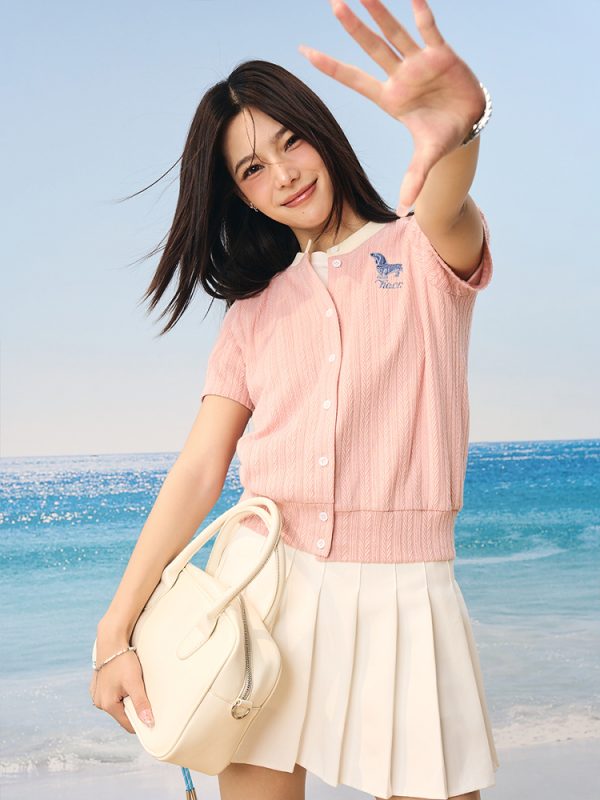 Vintage British Style Lightweight Twisted Short-Sleeve Cardigan with Small Dog Embroidery for Summer Fashion