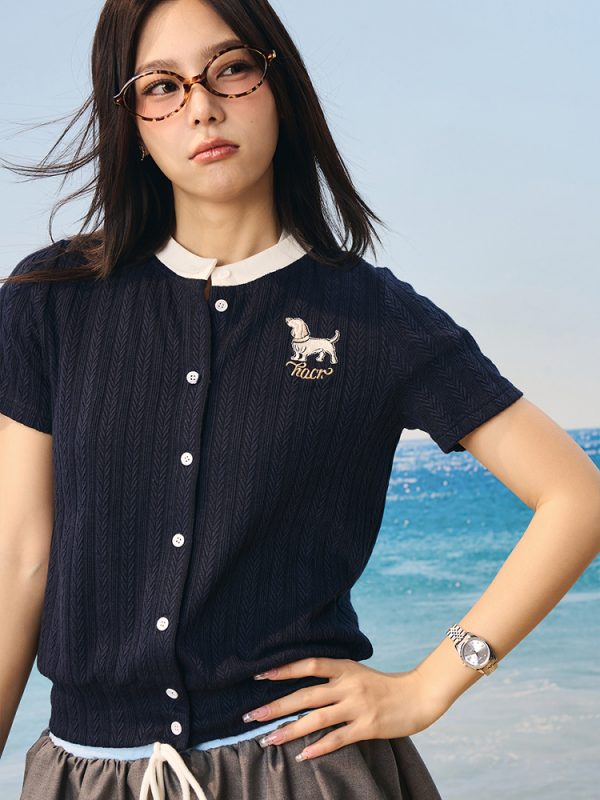 Vintage British Style Lightweight Twisted Short-Sleeve Cardigan with Small Dog Embroidery for Summer Fashion