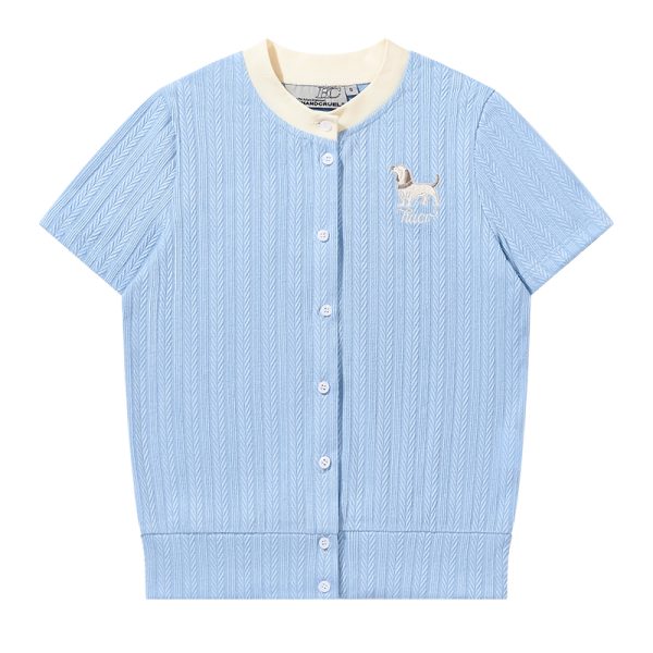 Vintage British Style Lightweight Twisted Short-Sleeve Cardigan with Small Dog Embroidery for Summer Fashion