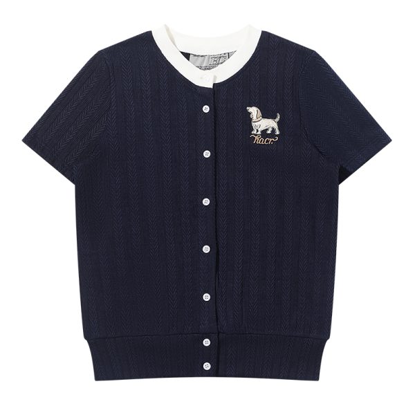 Vintage British Style Lightweight Twisted Short-Sleeve Cardigan with Small Dog Embroidery for Summer Fashion