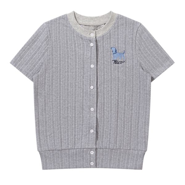 Vintage British Style Lightweight Twisted Short-Sleeve Cardigan with Small Dog Embroidery for Summer Fashion