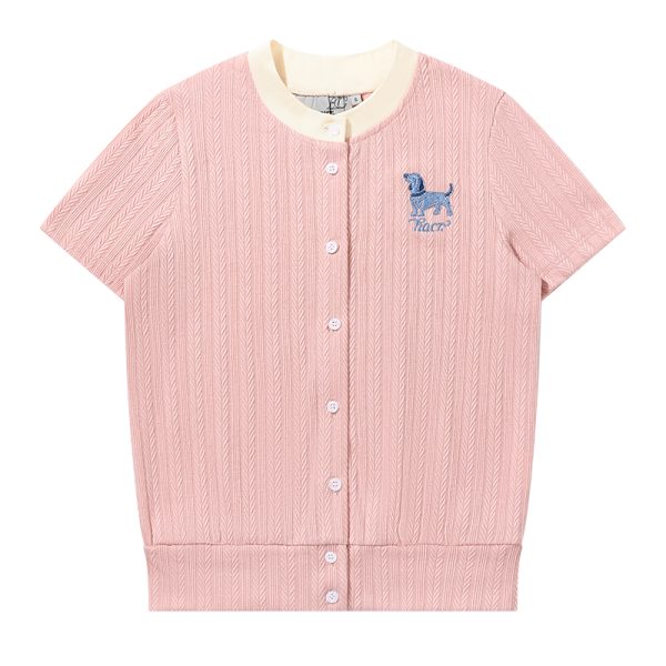 Vintage British Style Lightweight Twisted Short-Sleeve Cardigan with Small Dog Embroidery for Summer Fashion