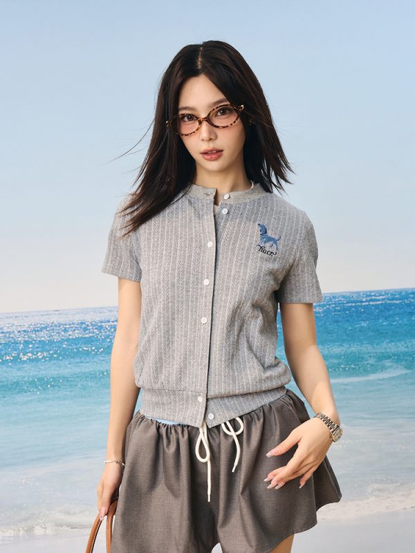 Vintage British Style Lightweight Twisted Short-Sleeve Cardigan with Small Dog Embroidery for Summer Fashion