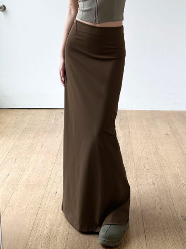 Vintage Brown Straight Long Skirt for Women with Back Slit, Low Waist Design, Retro Style, Perfect for 90s and Y2K Fashion