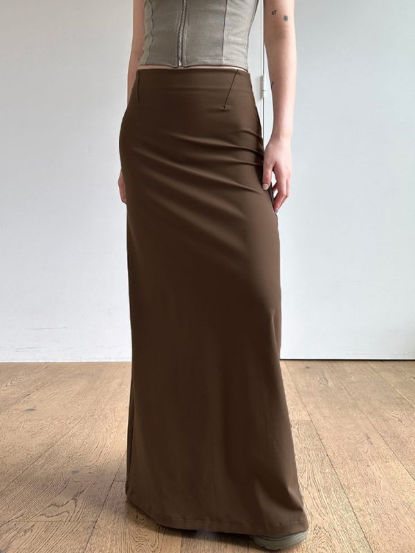 Vintage Brown Straight Long Skirt for Women with Back Slit, Low Waist Design, Retro Style, Perfect for 90s and Y2K Fashion