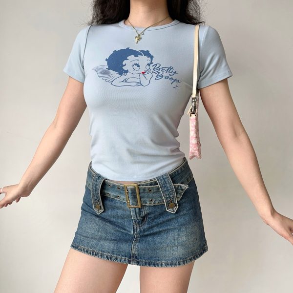Vintage Cartoon Print Round Neck Short Sleeve T-shirt for Women - Slim Fit American Style Top