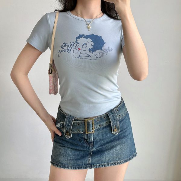 Vintage Cartoon Print Round Neck Short Sleeve T-shirt for Women - Slim Fit American Style Top