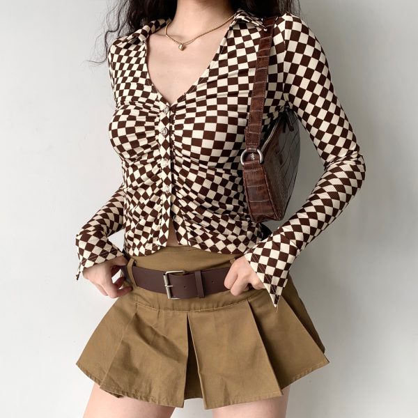Vintage Checkered Long Sleeve Shirt with Deep V-Neck and Bell Sleeves for Women - European American Style Slim Fit Top