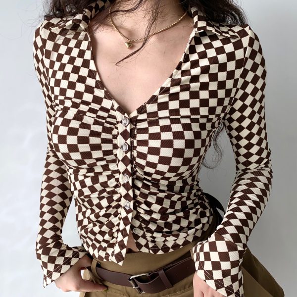 Vintage Checkered Long Sleeve Shirt with Deep V-Neck and Bell Sleeves for Women - European American Style Slim Fit Top