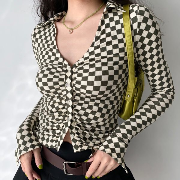 Vintage Checkered Long Sleeve Shirt with Deep V-Neck and Bell Sleeves for Women - European American Style Slim Fit Top