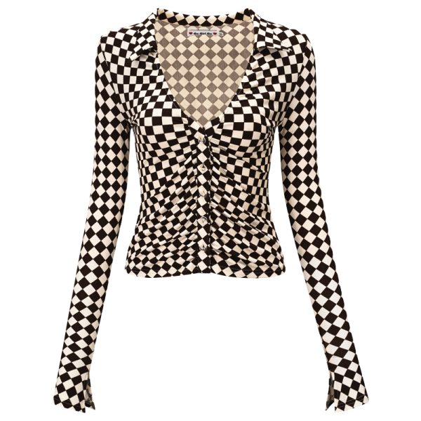 Vintage Checkered Long Sleeve Shirt with Deep V-Neck and Bell Sleeves for Women - European American Style Slim Fit Top