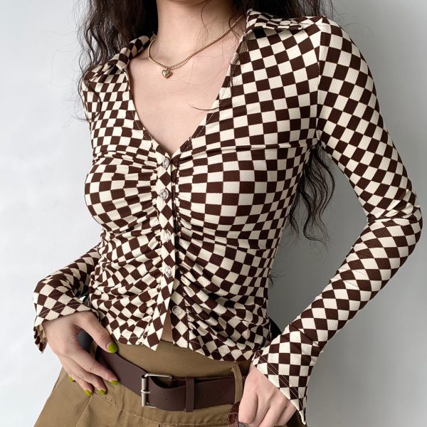 Vintage Checkered Long Sleeve Shirt with Deep V-Neck and Bell Sleeves for Women - European American Style Slim Fit Top