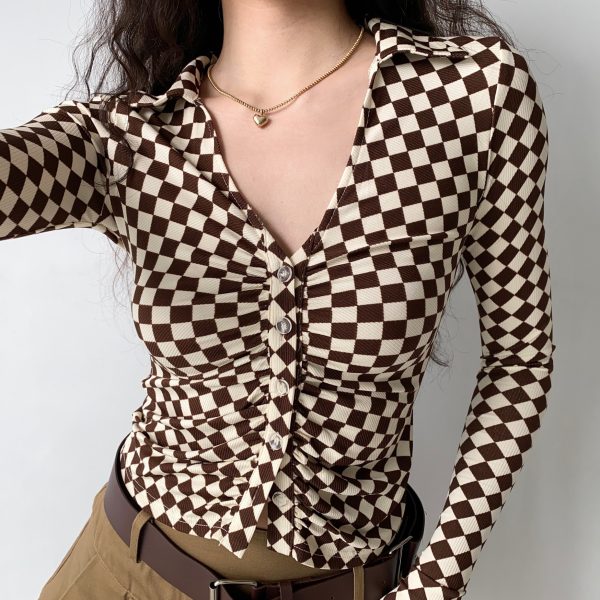 Vintage Checkered Long Sleeve Shirt with Deep V-Neck and Bell Sleeves for Women - European American Style Slim Fit Top