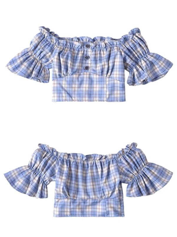 Vintage Checkered One-Shoulder Puff Sleeve Shirt Top â€“ DIY Waist-Cinching Short-Sleeve Vacation Style