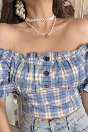 Vintage Checkered One-Shoulder Puff Sleeve Shirt Top â€“ DIY Waist-Cinching Short-Sleeve Vacation Style