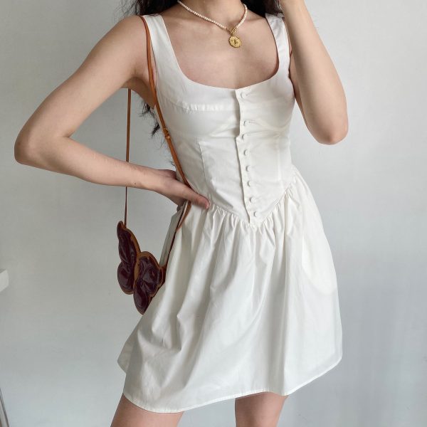 Vintage Court Style White Floral Pocket Tie Square Neck Sleeveless A-line Dress for Women - 90s Inspired Fashion