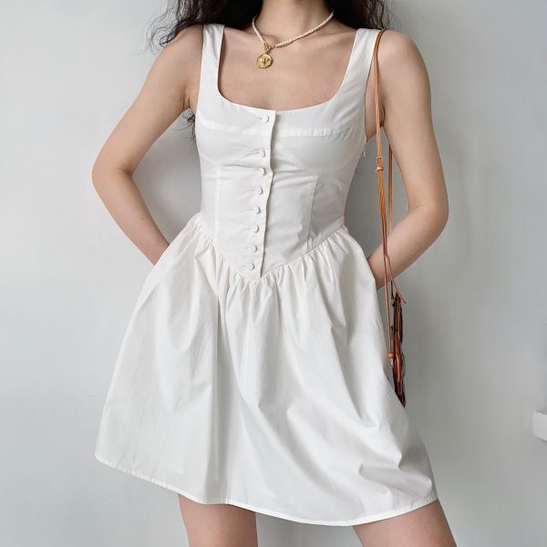 Vintage Court Style White Floral Pocket Tie Square Neck Sleeveless A-line Dress for Women - 90s Inspired Fashion