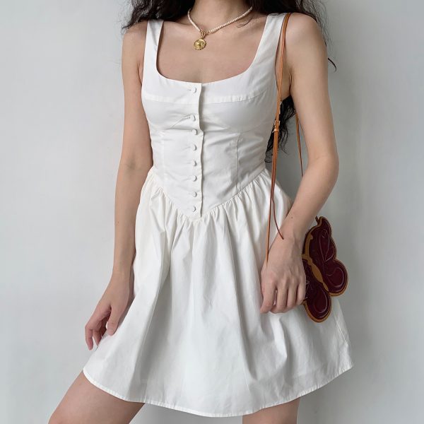 Vintage Court Style White Floral Pocket Tie Square Neck Sleeveless A-line Dress for Women - 90s Inspired Fashion