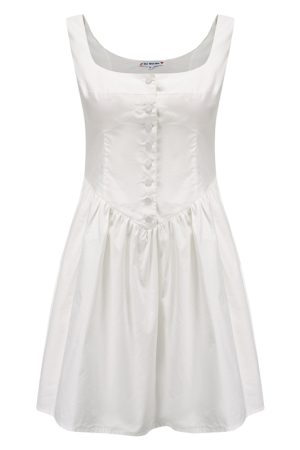 Vintage Court Style White Floral Pocket Tie Square Neck Sleeveless A-line Dress for Women - 90s Inspired Fashion