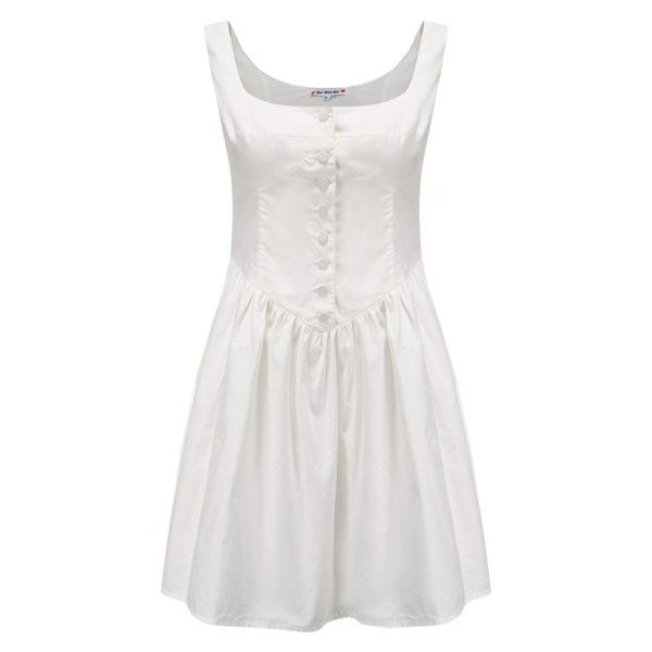 Vintage Court Style White Floral Pocket Tie Square Neck Sleeveless A-line Dress for Women - 90s Inspired Fashion