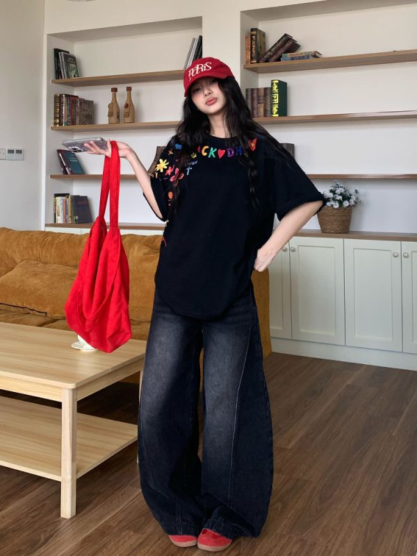 Vintage Curved Blade Jeans for Women - Loose Straight Wide-Leg Casual Pants - Spring Summer 90s American Style