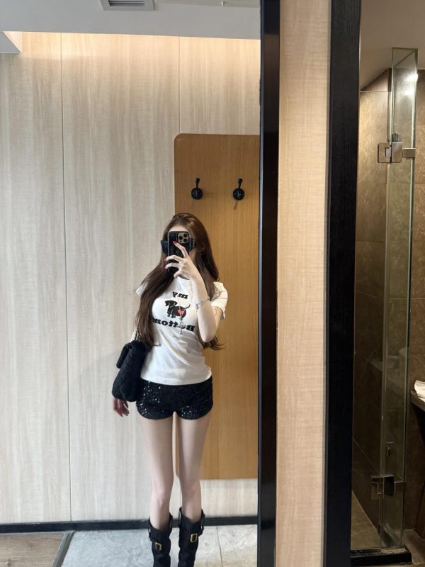 Vintage Cute Dog Print Short White T-Shirt for Women - American-Style Slim Fit Summer Top, Spicy Girl Vibe
