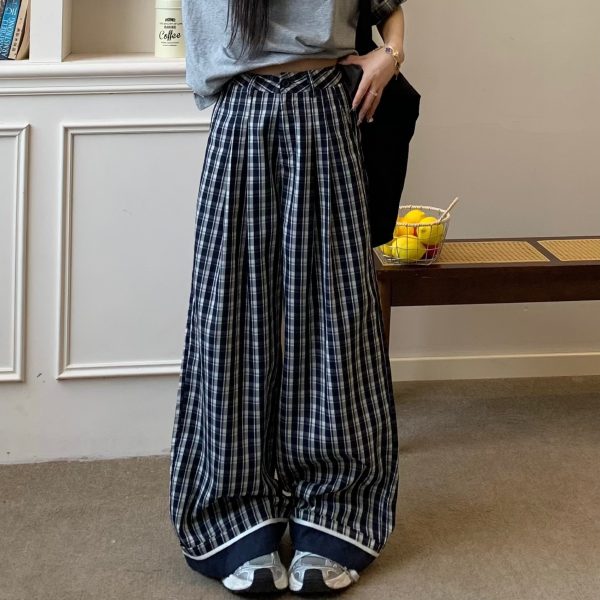 Vintage Dark Blue Plaid Wide-Leg Pants for Women - Casual Summer Straight-Leg Trousers, 90s-Inspired Retro Style