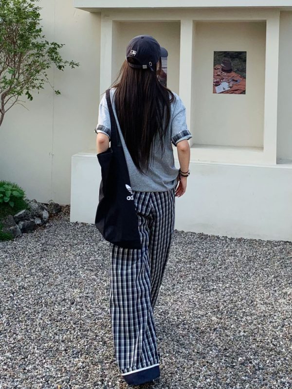 Vintage Dark Blue Plaid Wide-Leg Pants for Women - Casual Summer Straight-Leg Trousers, 90s-Inspired Retro Style