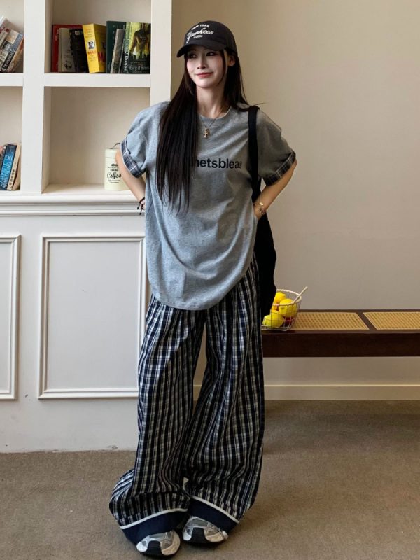 Vintage Dark Blue Plaid Wide-Leg Pants for Women - Casual Summer Straight-Leg Trousers, 90s-Inspired Retro Style