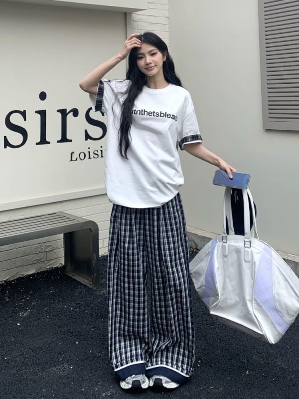 Vintage Dark Blue Plaid Wide-Leg Pants for Women - Casual Summer Straight-Leg Trousers, 90s-Inspired Retro Style