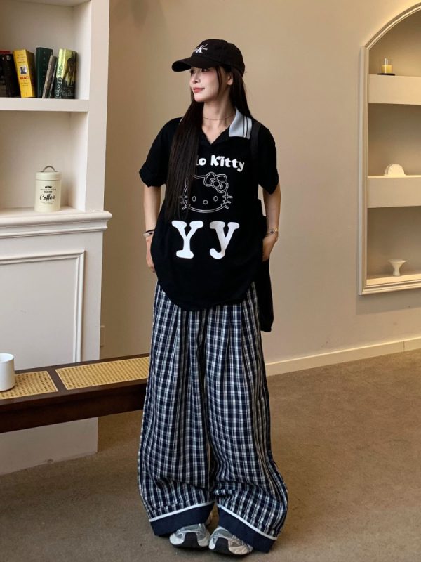 Vintage Dark Blue Plaid Wide-Leg Pants for Women - Casual Summer Straight-Leg Trousers, 90s-Inspired Retro Style