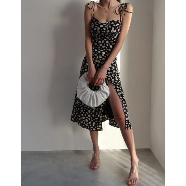Vintage Dark Blue Spaghetti Strap Slim-Fit Split Dress with Small Daisy Print - Knee-Length European and American Style