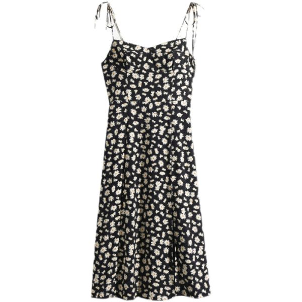 Vintage Dark Blue Spaghetti Strap Slim-Fit Split Dress with Small Daisy Print - Knee-Length European and American Style