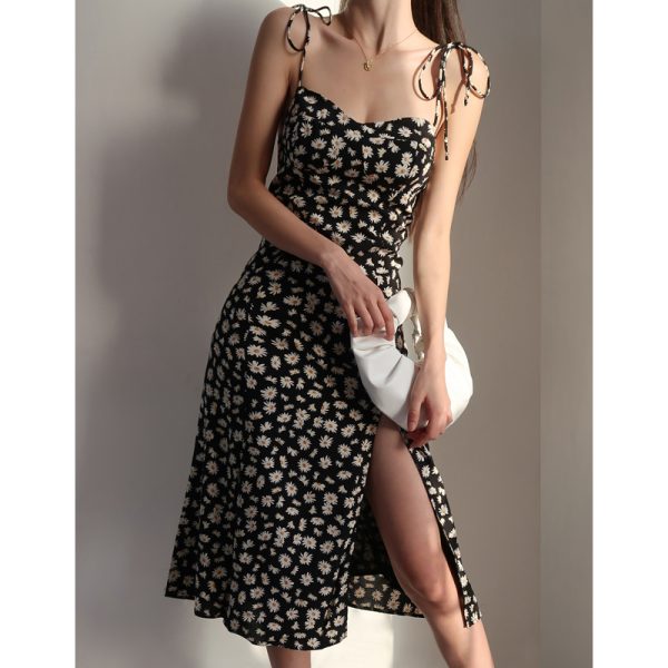 Vintage Dark Blue Spaghetti Strap Slim-Fit Split Dress with Small Daisy Print - Knee-Length European and American Style