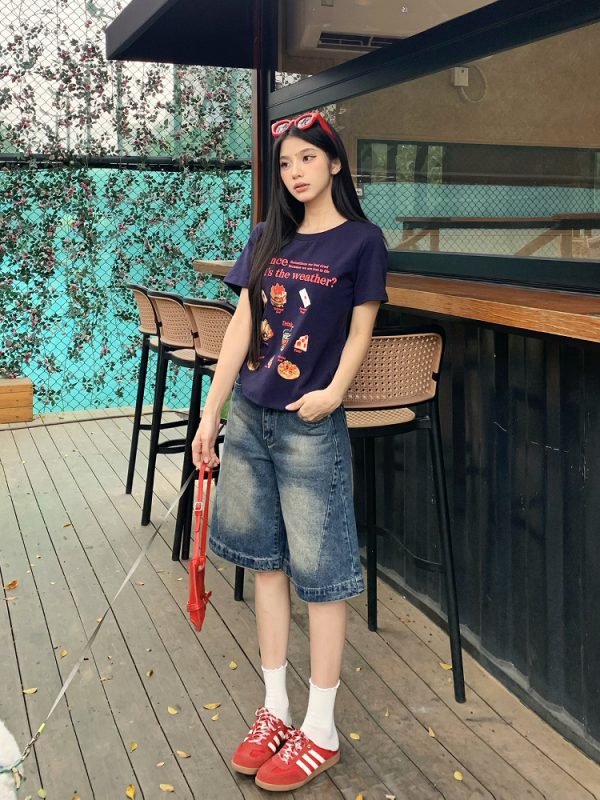 Vintage Dark Blue Wide-Leg Denim Shorts for Women - Loose-Fit Five-Point Style for Summer Casual Wear