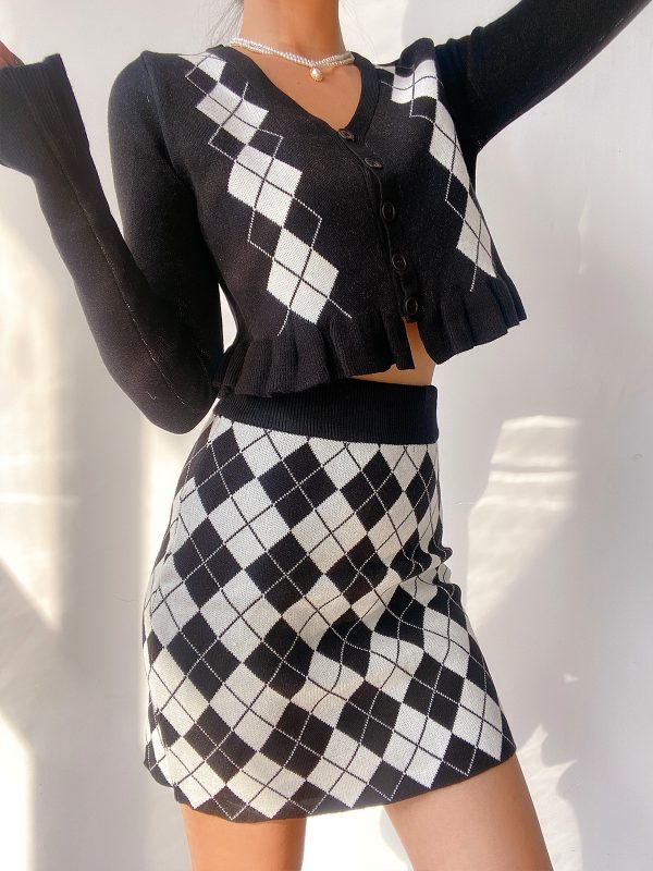 Vintage Diamond Pattern V-Neck Lace Long Sleeve Knitted Cardigan and Bodycon Short Skirt 90s Inspired Two-Piece Set