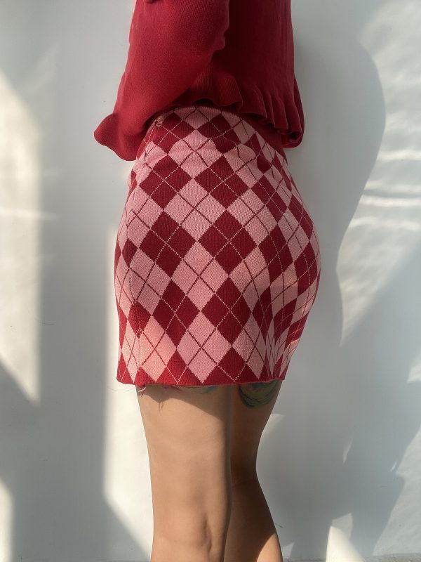 Vintage Diamond Pattern V-Neck Lace Long Sleeve Knitted Cardigan and Bodycon Short Skirt 90s Inspired Two-Piece Set