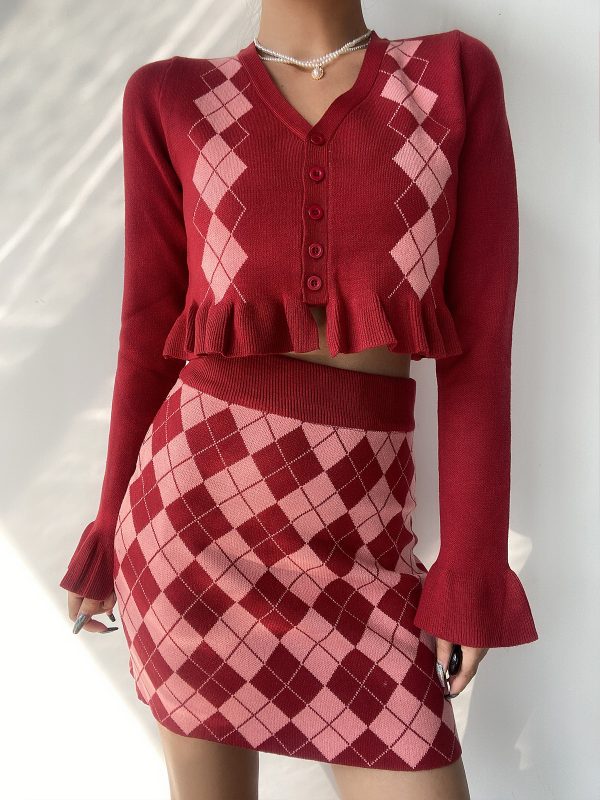 Vintage Diamond Pattern V-Neck Lace Long Sleeve Knitted Cardigan and Bodycon Short Skirt 90s Inspired Two-Piece Set