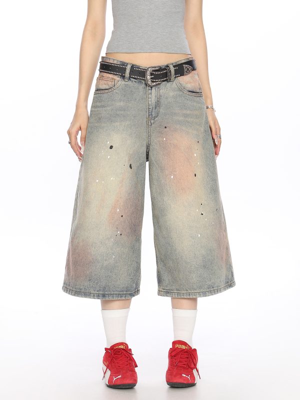 Vintage Dirty Dye Washed Denim Capri Pants - American Style Wide-Leg Casual Shorts for Summer Fashion