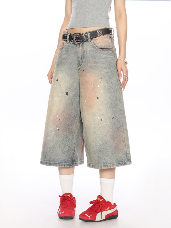 Vintage Dirty Dye Washed Denim Capri Pants - American Style Wide-Leg Casual Shorts for Summer Fashion