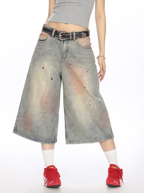 Vintage Dirty Dye Washed Denim Capri Pants - American Style Wide-Leg Casual Shorts for Summer Fashion