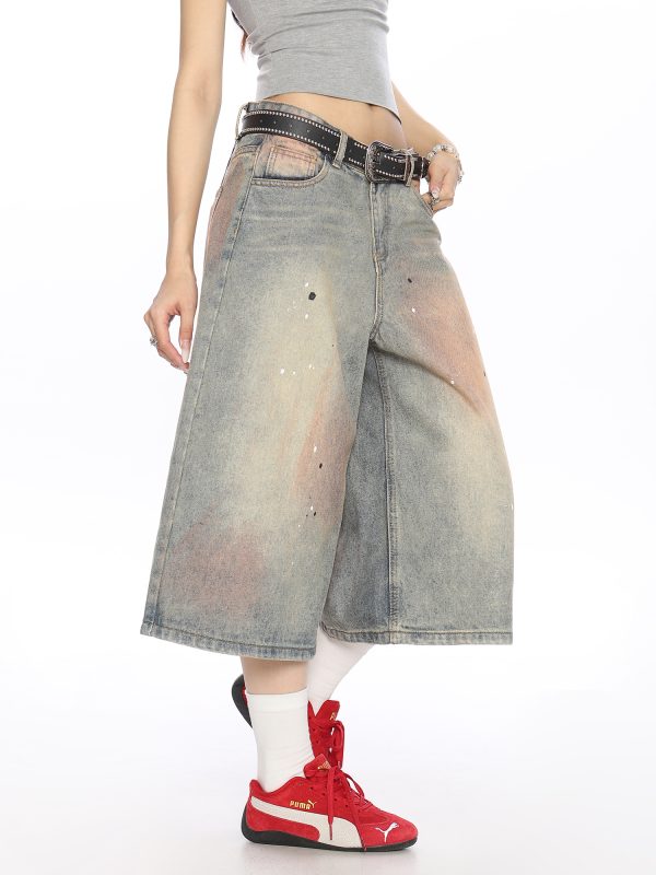 Vintage Dirty Dye Washed Denim Capri Pants - American Style Wide-Leg Casual Shorts for Summer Fashion