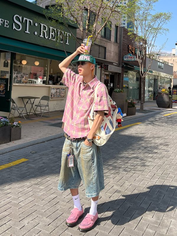 Vintage Dirty Dyed Wide-Leg Denim Capris for Men and Women - Casual Loose Fit Straight-Leg Summer Shorts, American Style