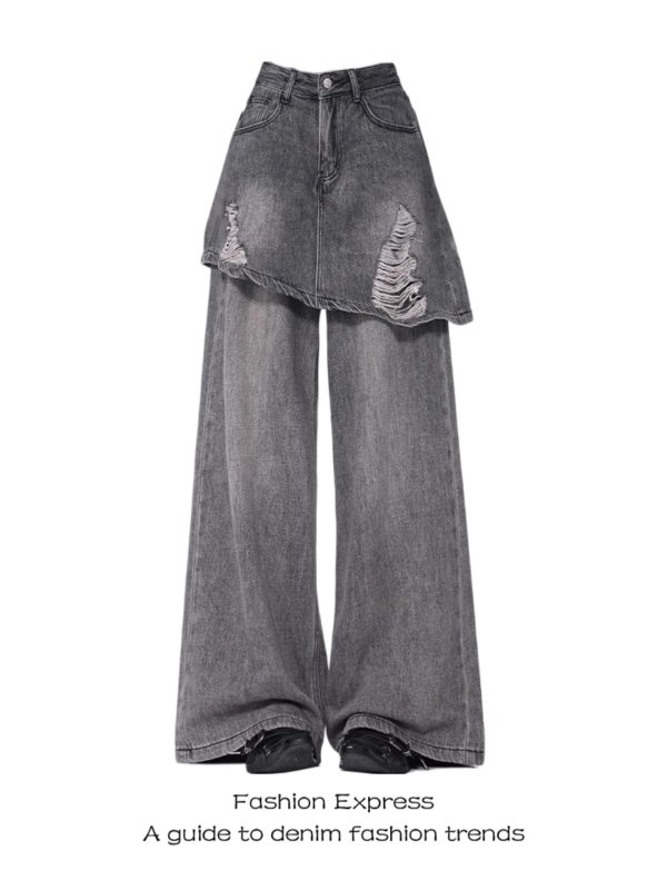Vintage Distressed Denim Pants-Skirt One-Piece Womenâ€™s Ripped Straight-Leg Floor-Length for Spring & Autumn Fashion 2025