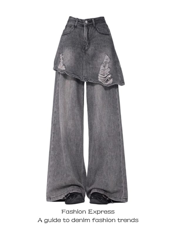 Vintage Distressed Denim Pants-Skirt One-Piece Womenâ€™s Ripped Straight-Leg Floor-Length for Spring & Autumn Fashion 2025